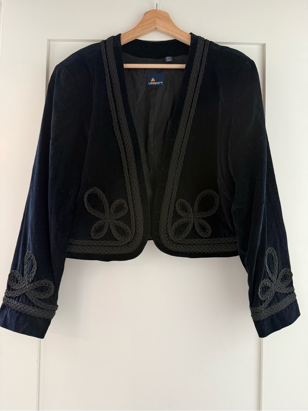 Vintage Lizsport Dark Navy Velvet Soutache Bolero Jacket Cropped Medium Large
